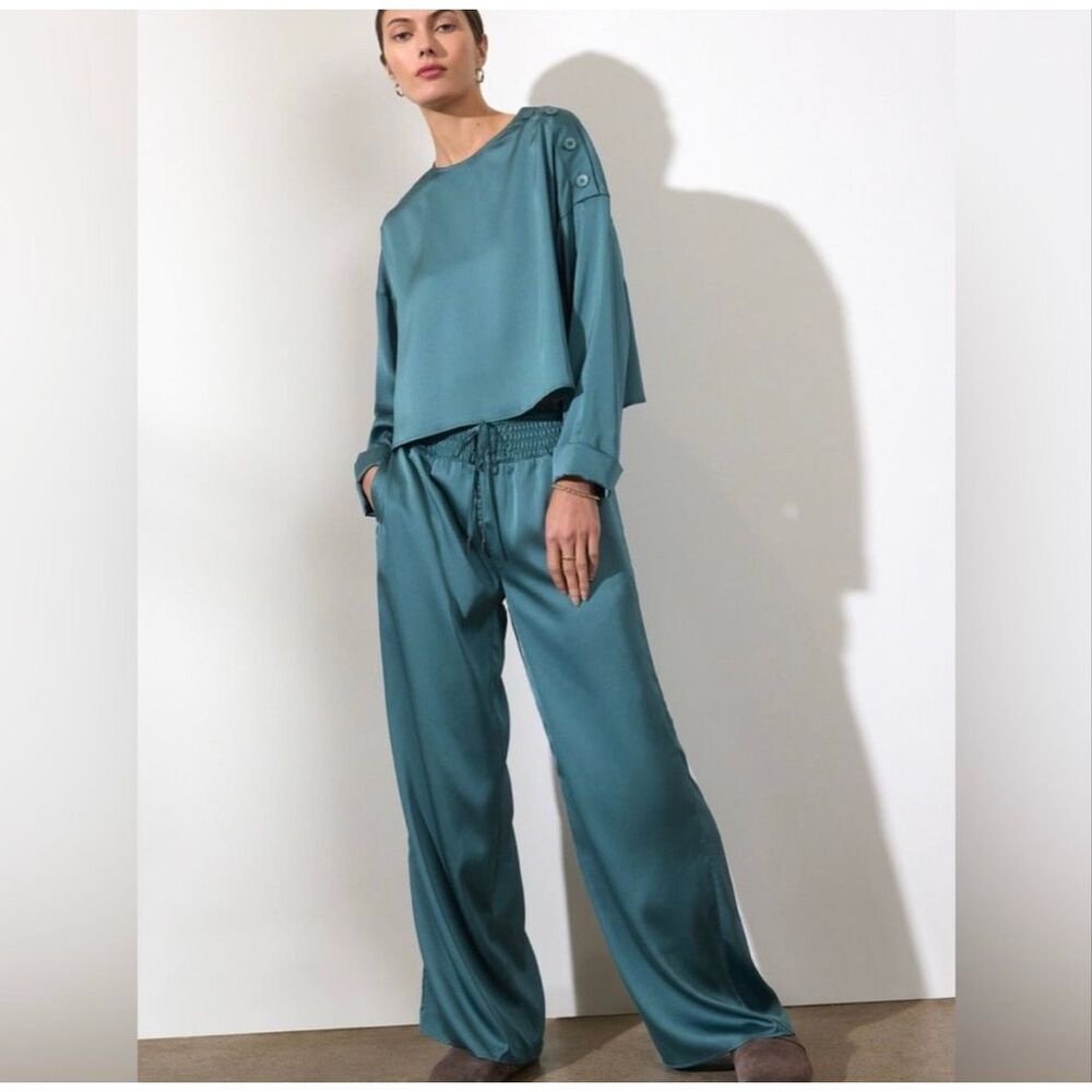 Rochu Walker Gorju Satin Wide Leg Pants Teal Small Elastic Waist